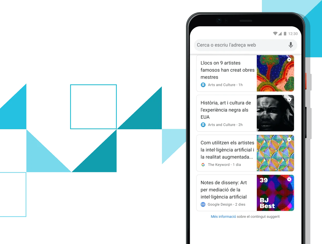 Telèfon Pixel 4 XL amb enllaços a articles seleccionats a la pantalla.