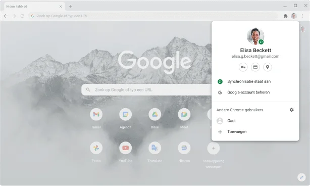 Chrome-browservenster met daarin de account- en synchronisatie-instellingen voor Google-accounts, waarbij synchronisatie is aangezet.